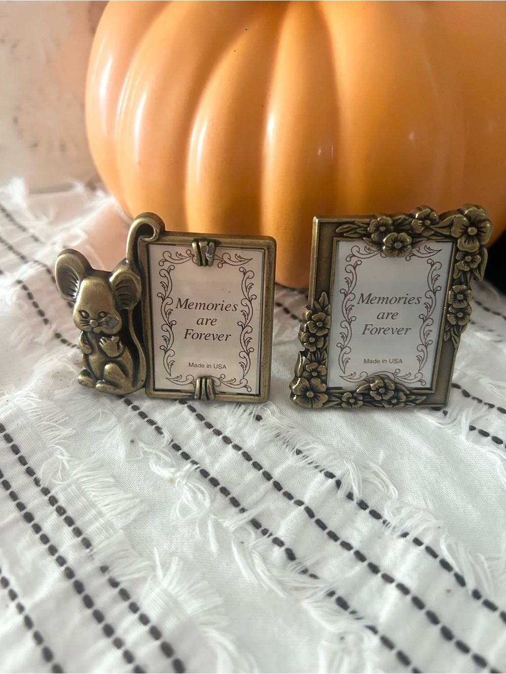 Set of 2 Vintage Mini Brass Mouse Rose Picture Frames Trinket Shelf